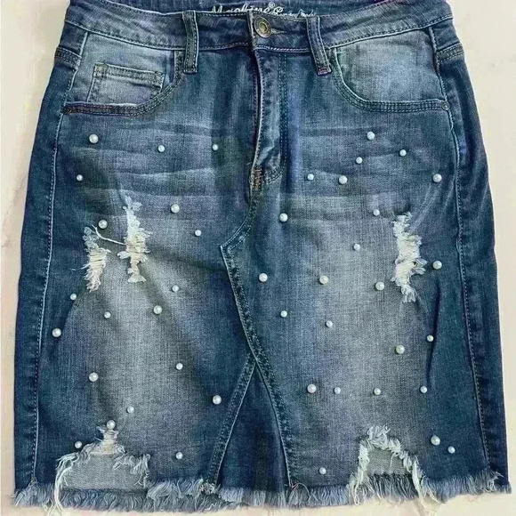 Machine Nouvelle Mode Skirt Womens Large Blue Denim Ripped Size Italy L USA 30 - Picture 2 of 9